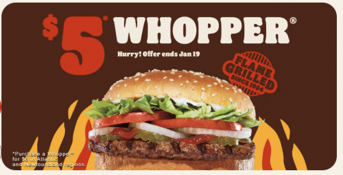 Burger King Canada Deals: Enjoy $5.00 Whopper until January 19